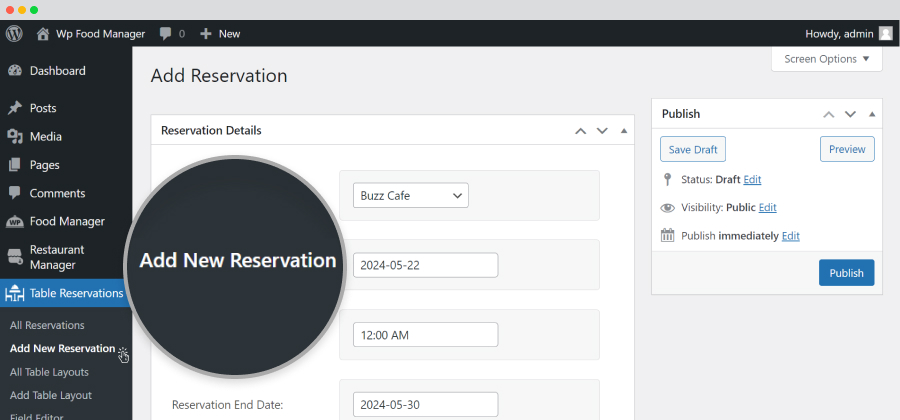 Table Reservations-Add New Reservation